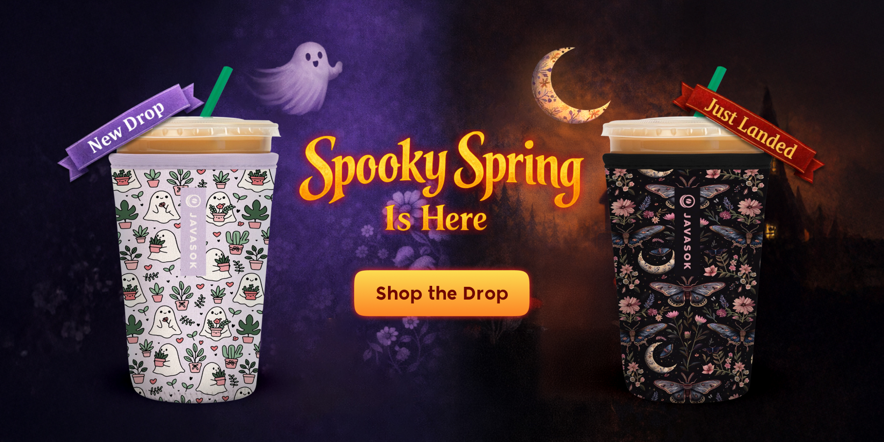 Promotional banner for 'Spooky Spring' with Halloween-themed products and text.