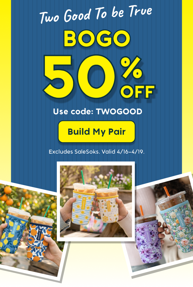 Promotional banner for BOGO 50% off offer with colorful javasoks.