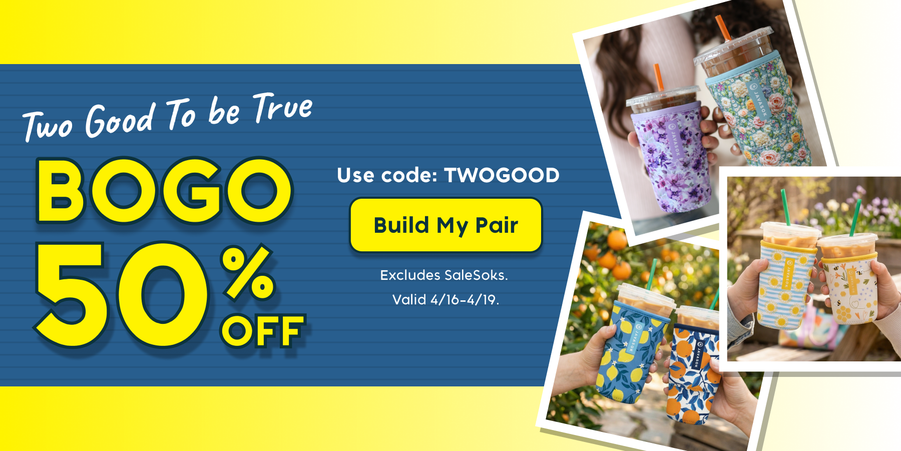 Promotional banner for BOGO 50% off offer with colorful javasoks.