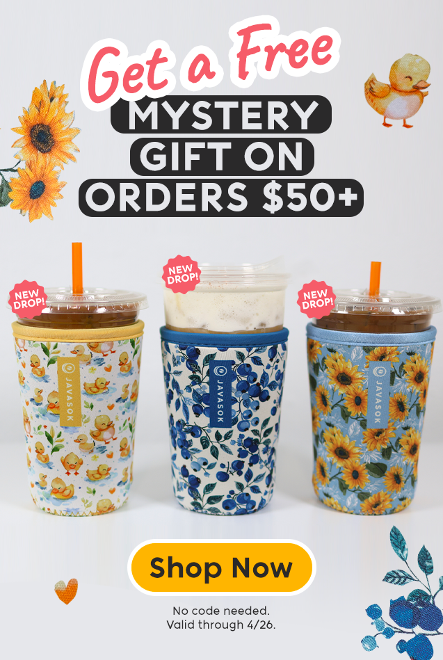 new spring releases including a baby duck print javasok, a blueberry print javasok, and a sunflower print javasok along with a spend $50, get a free gift message