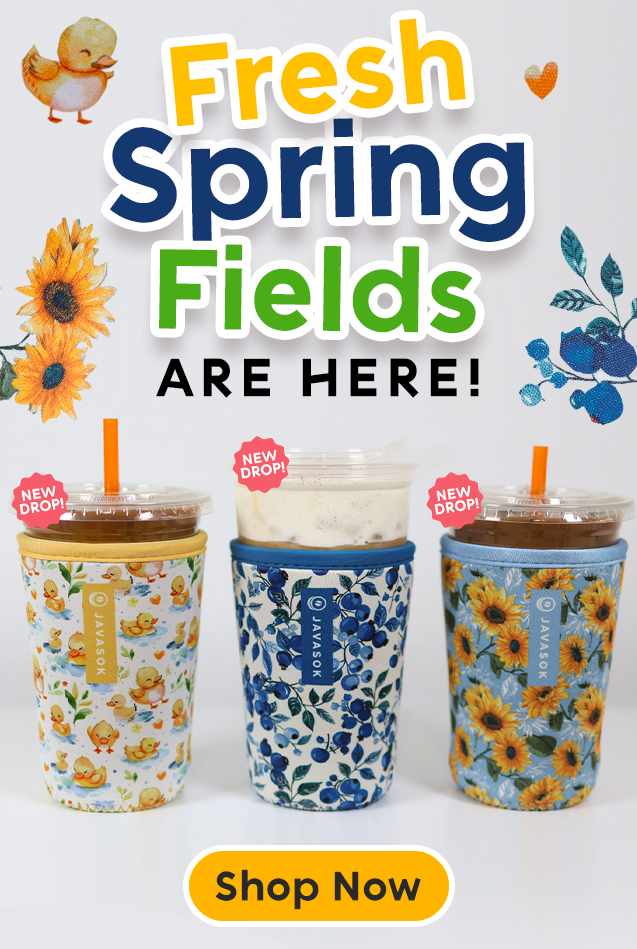 Three floral-patterned javasoks on iced coffees on a white background, promoting 'Fresh Spring Fields' with a 'Shop Now' button.