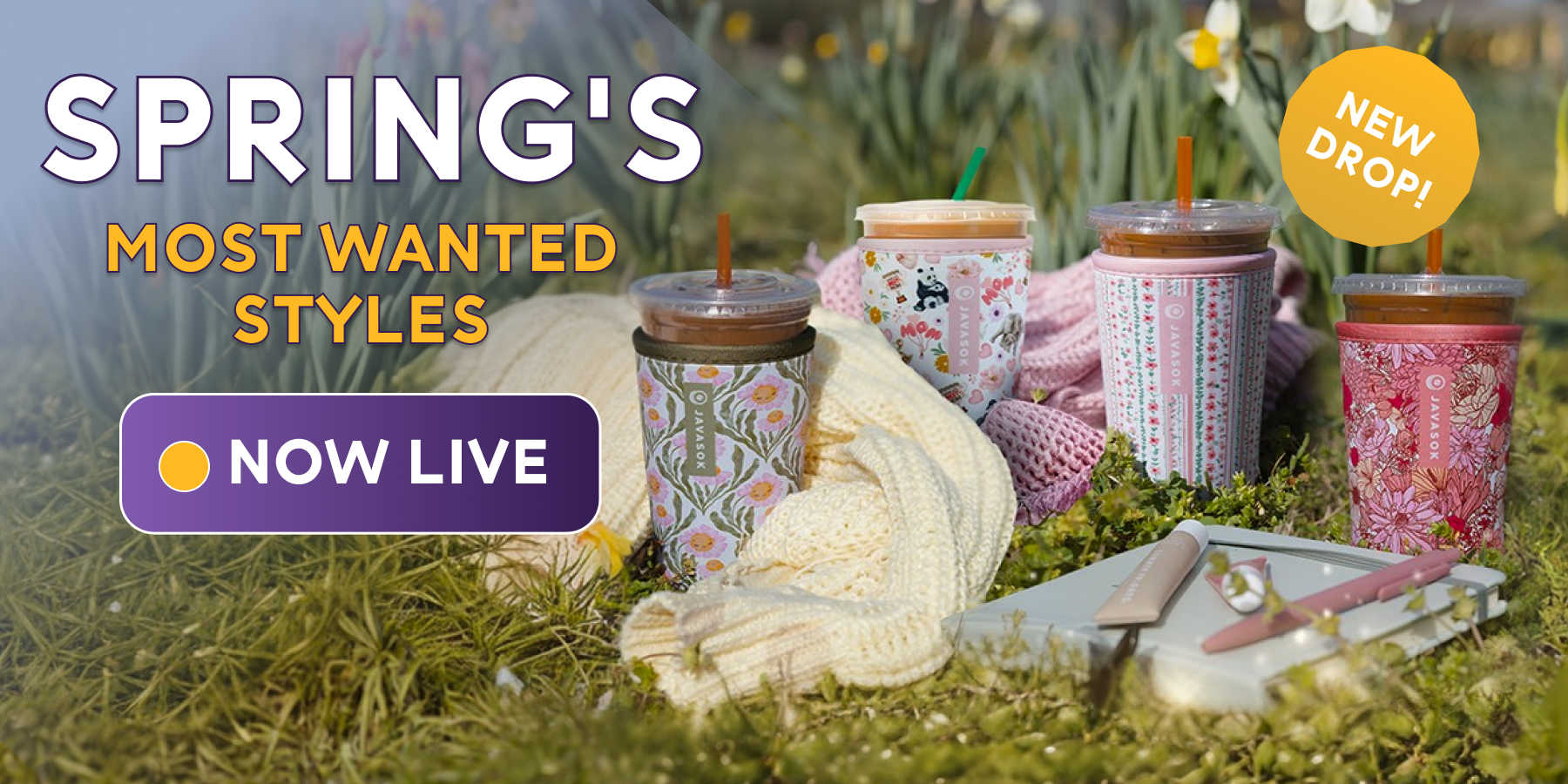 Promotional banner for 'Spring's Most Wanted Styles' with iced coffees covered in spring javasoks 