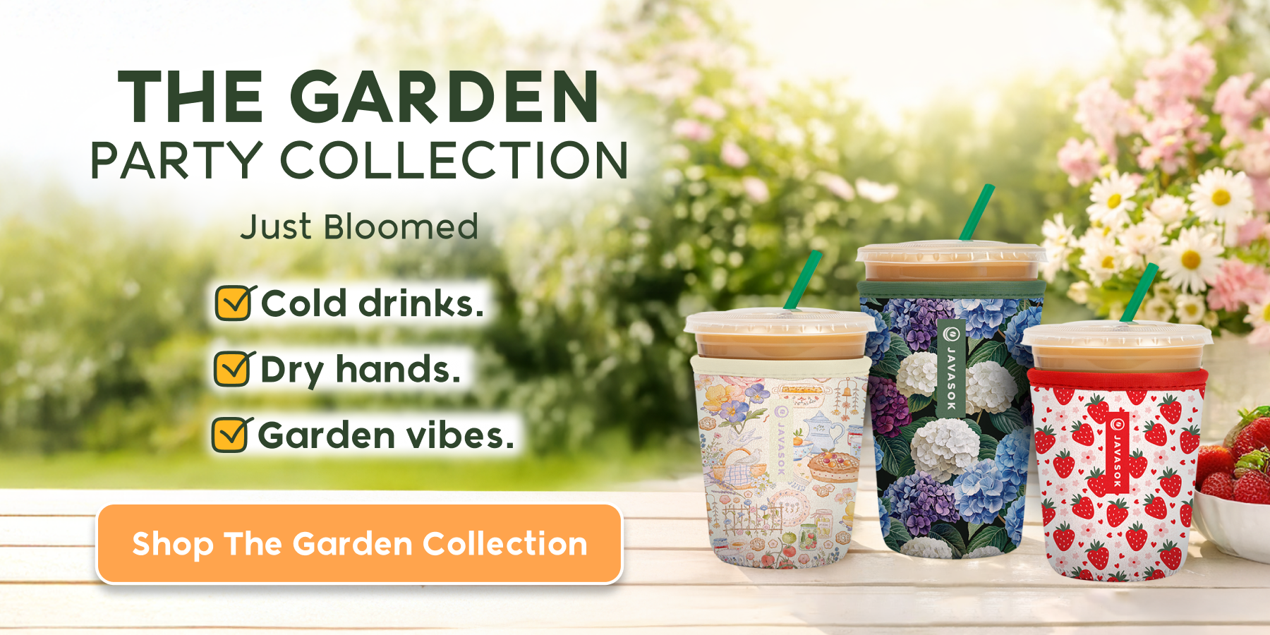 garden party release banner with three new javasok prints: a lue hydrangea, a red strawberry and a cream and pastel cottage core