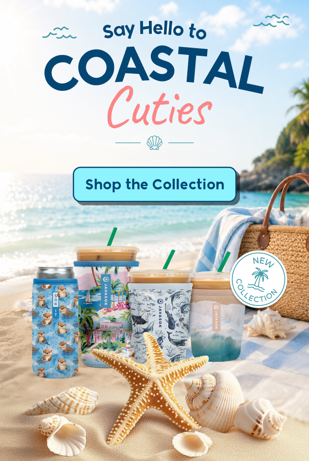 Promotional banner for 'Coastal Cuties' collection with beach-themed javasok and cansok products on a sandy beach.