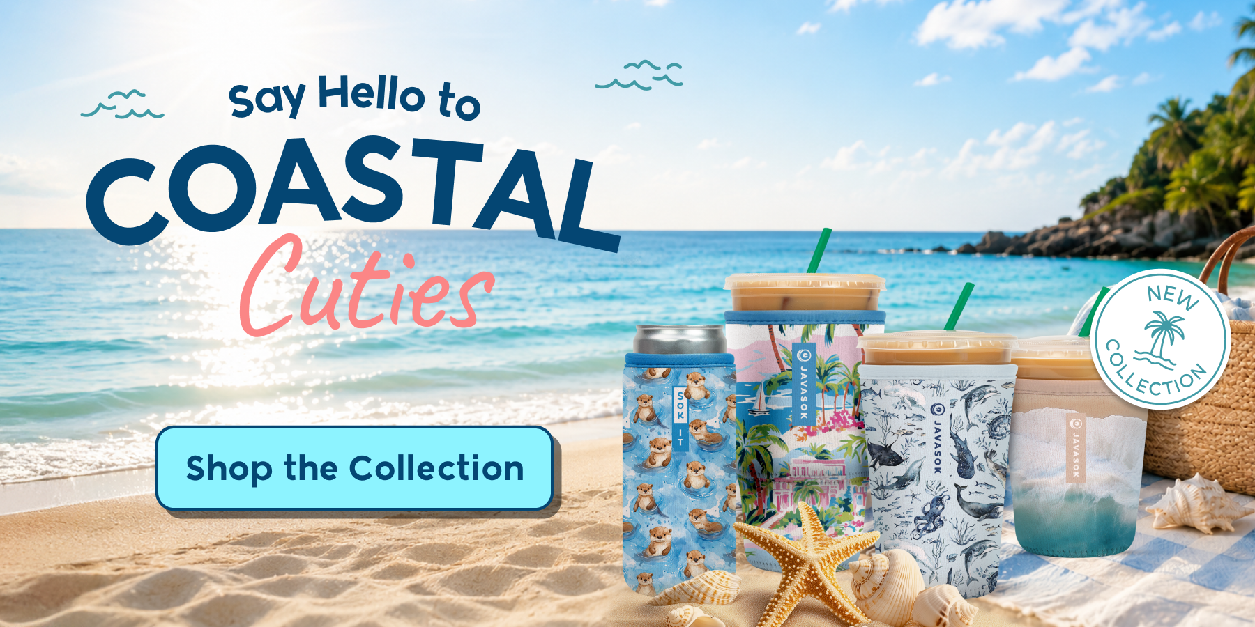 Promotional banner for 'Coastal Cuties' collection with beach-themed javasok and cansok products on a sandy beach.
