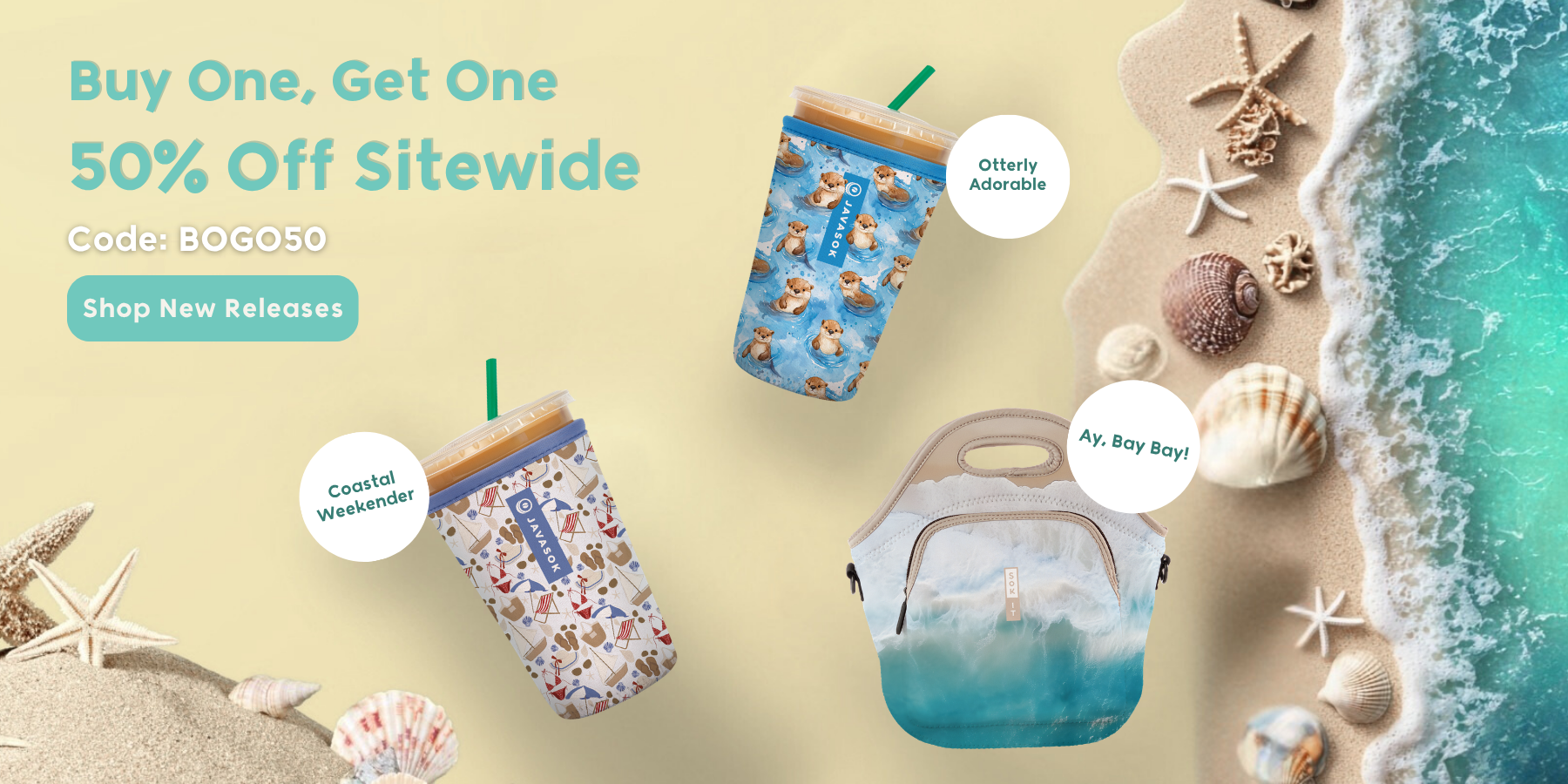 buy one get one 50% off promo banner with beachy soks