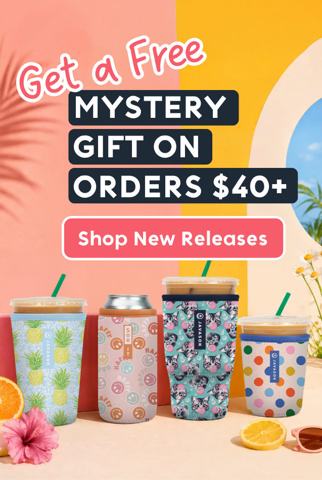 Colorful tumblers with promotional text for free mystery gift on orders $40+