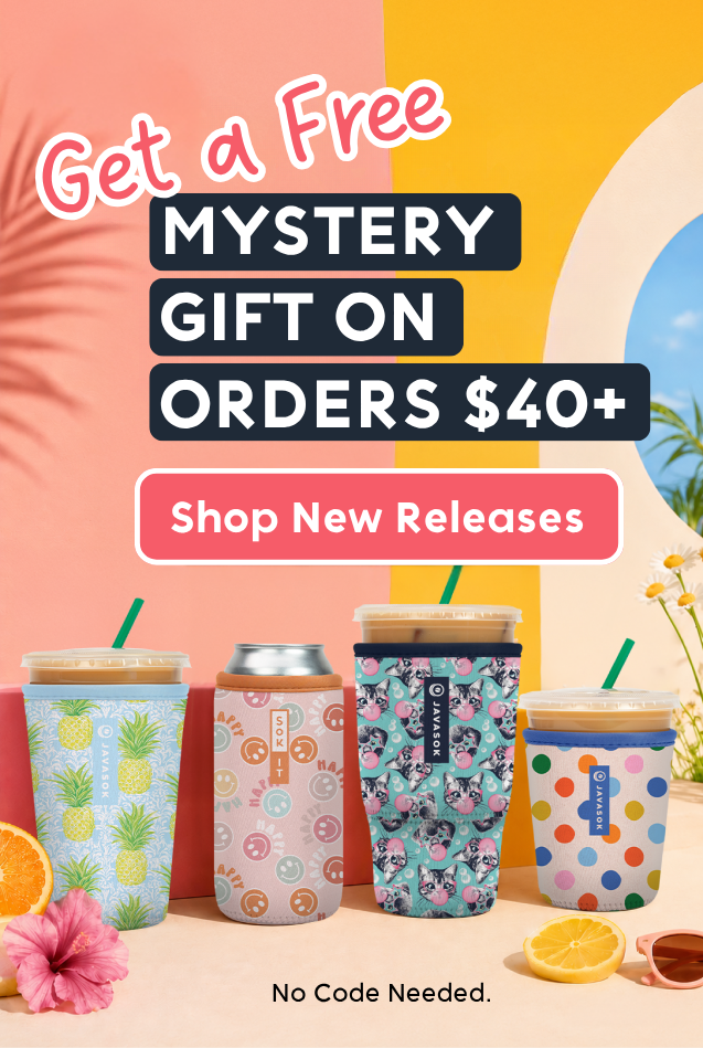 Promotional banner for a free mystery gift with order $40+, featuring colorful tumblers on a beach-themed background.