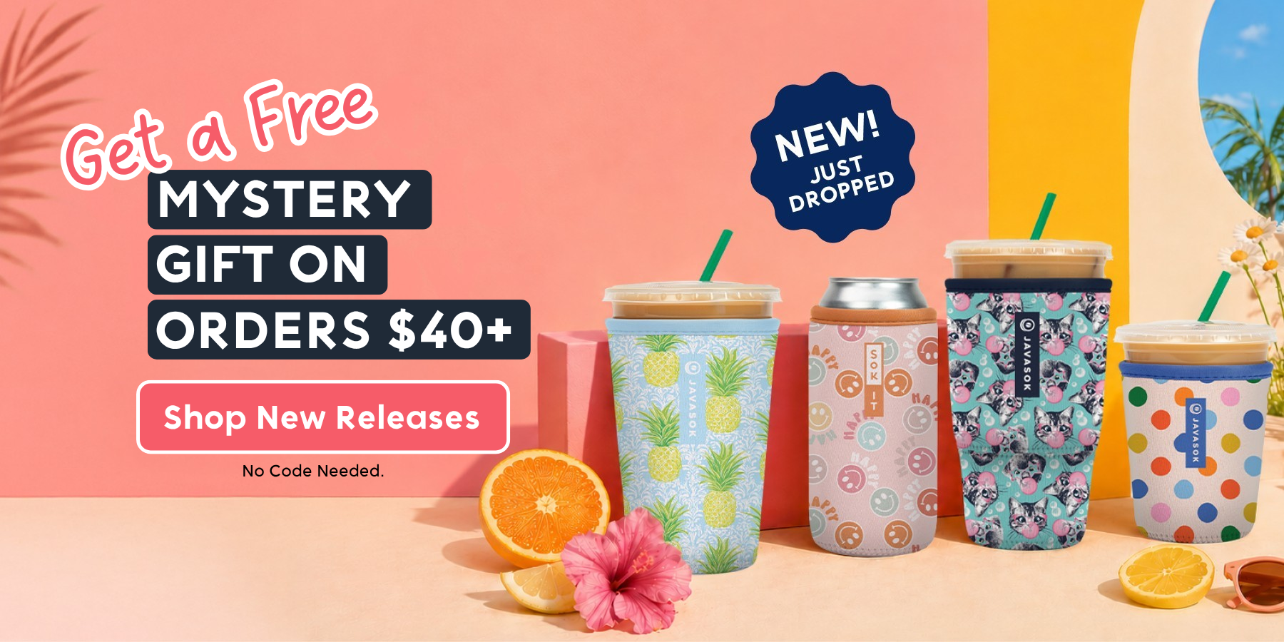 Promotional banner for a free mystery gift with order $40+, featuring colorful tumblers on a beach-themed background.
