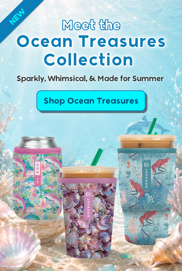 promo banner for new Ocean Treasures collection featuring a pink dolphin print, pink and purple shell print and mermaid print