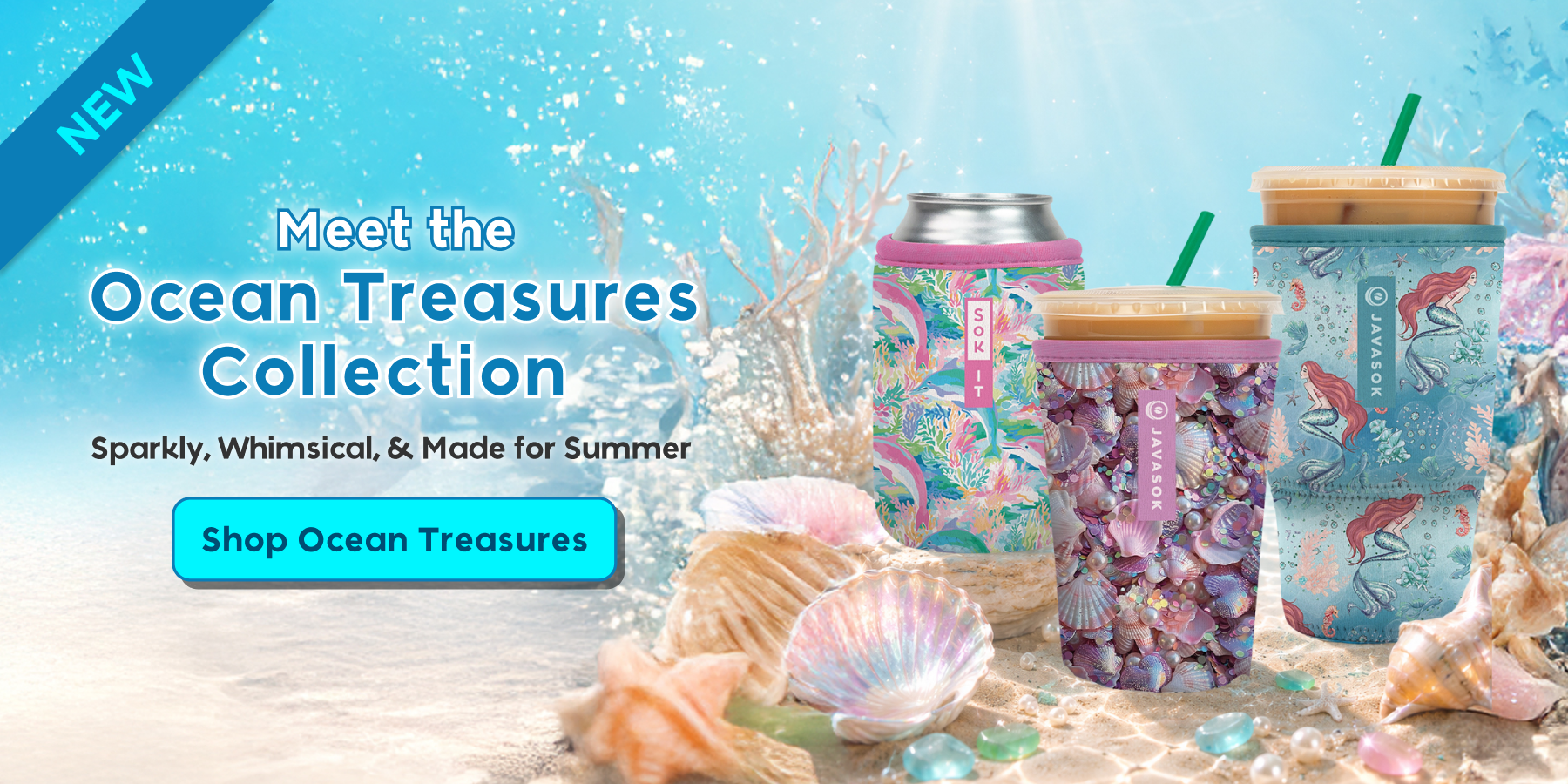 promo banner for new Ocean Treasures collection featuring a pink dolphin print, pink and purple shell print and mermaid print