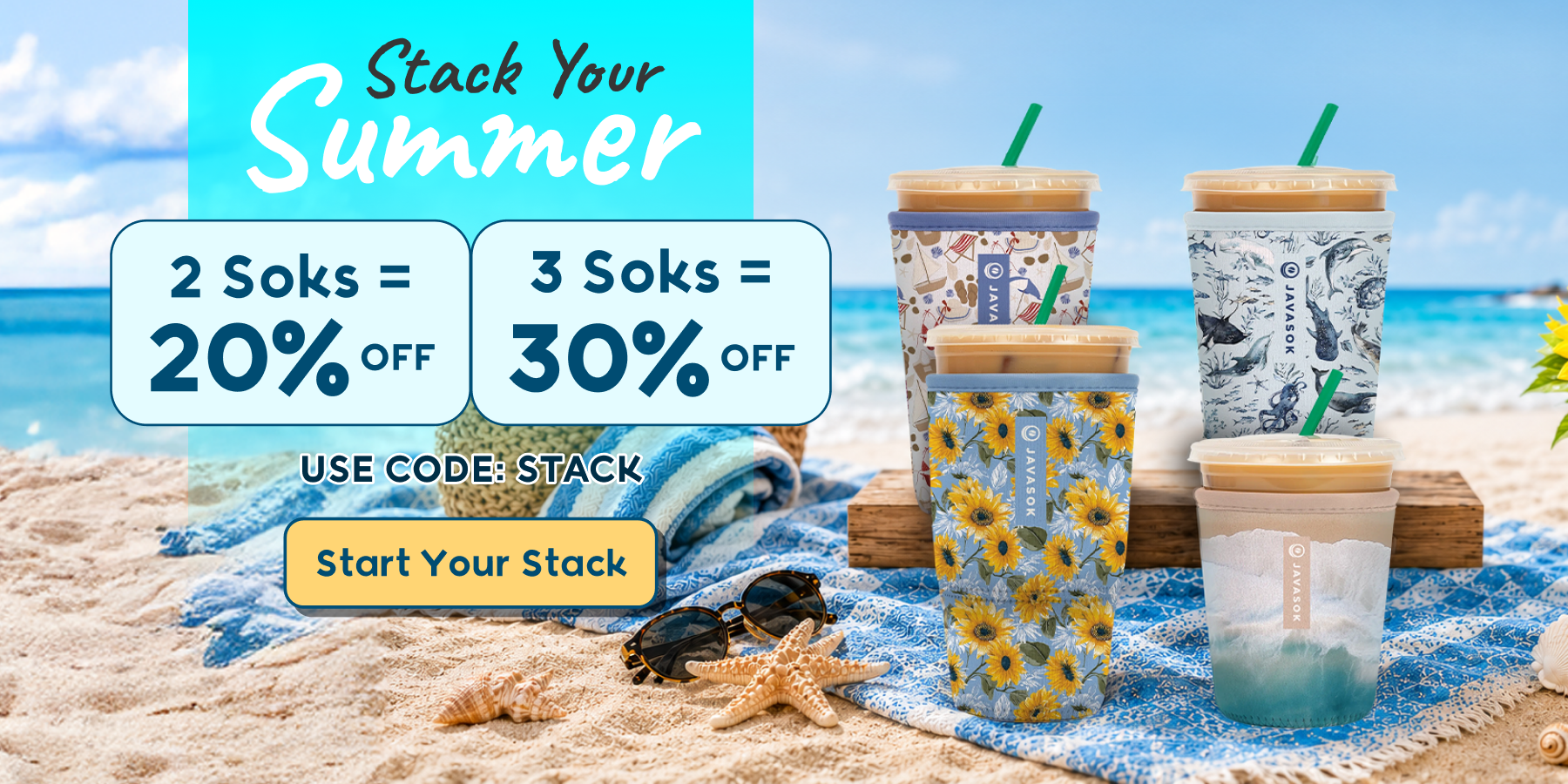 promo banner for Summer Stack Promotion. Get 20% off 2 or 30% off 3 or more with code STACK