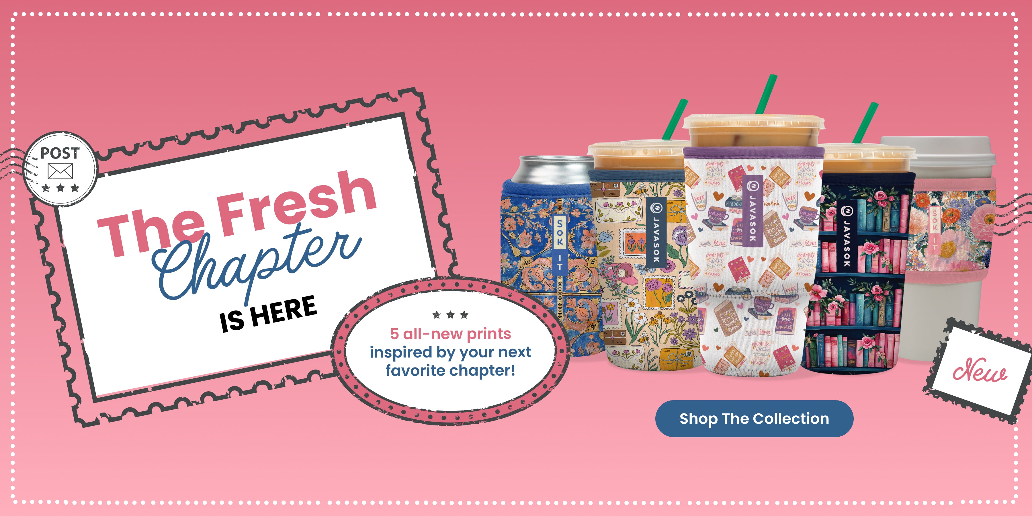 Promotional graphic for a collection of patterned drink sleeves and a can cooler on a pink background with postage-stamp style graphics and text reading 'The Fresh Chapter IS HERE' and 'Shop The Collection.' The products show multiple colorful printed designs including bookshelves, books, flowers, and abstract patterns.