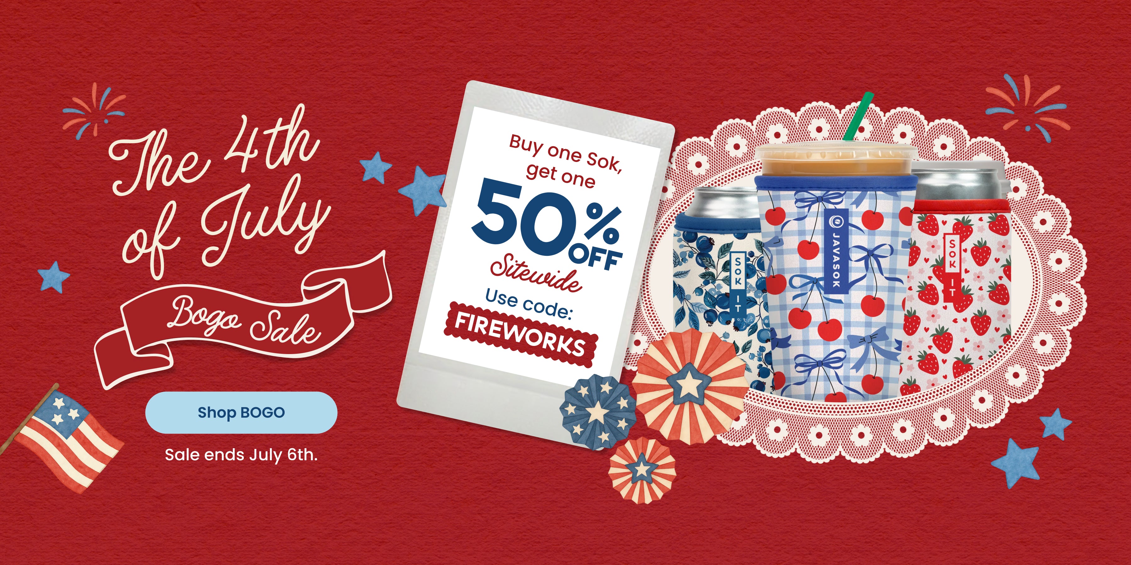 promo banner for 4th of july sale BOGO 50% off sitewide with code FIREWORKS