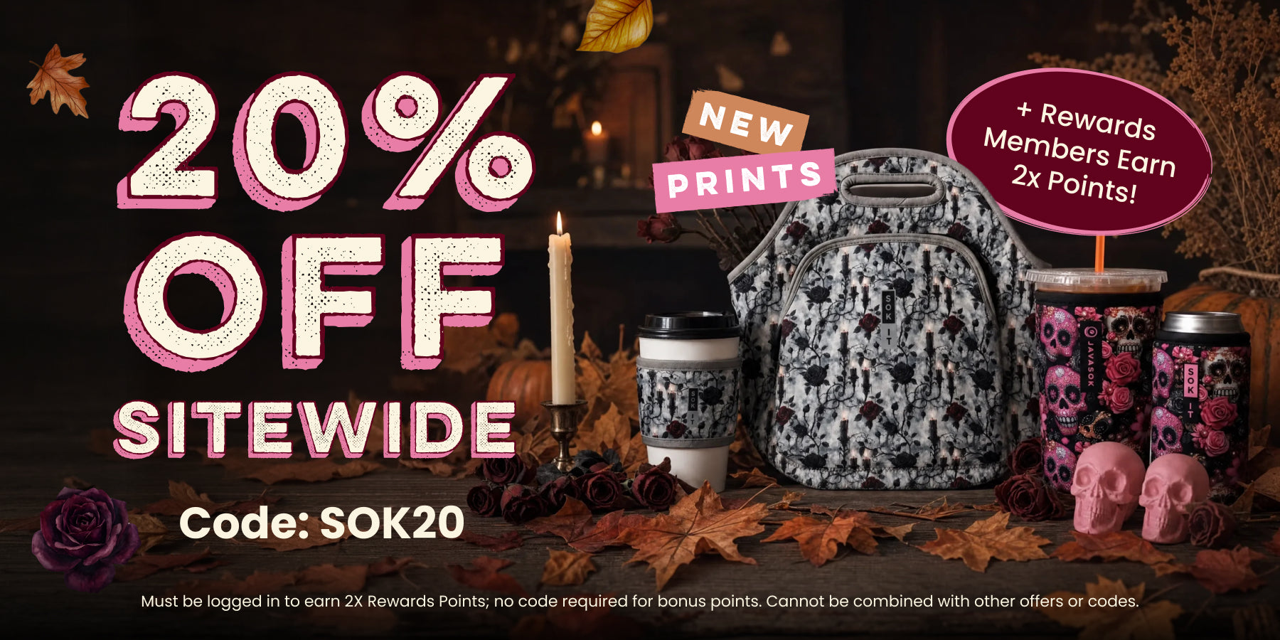 banner promoting 20% off sitewide with code SOK20 plus the new Roses and Rituals collection