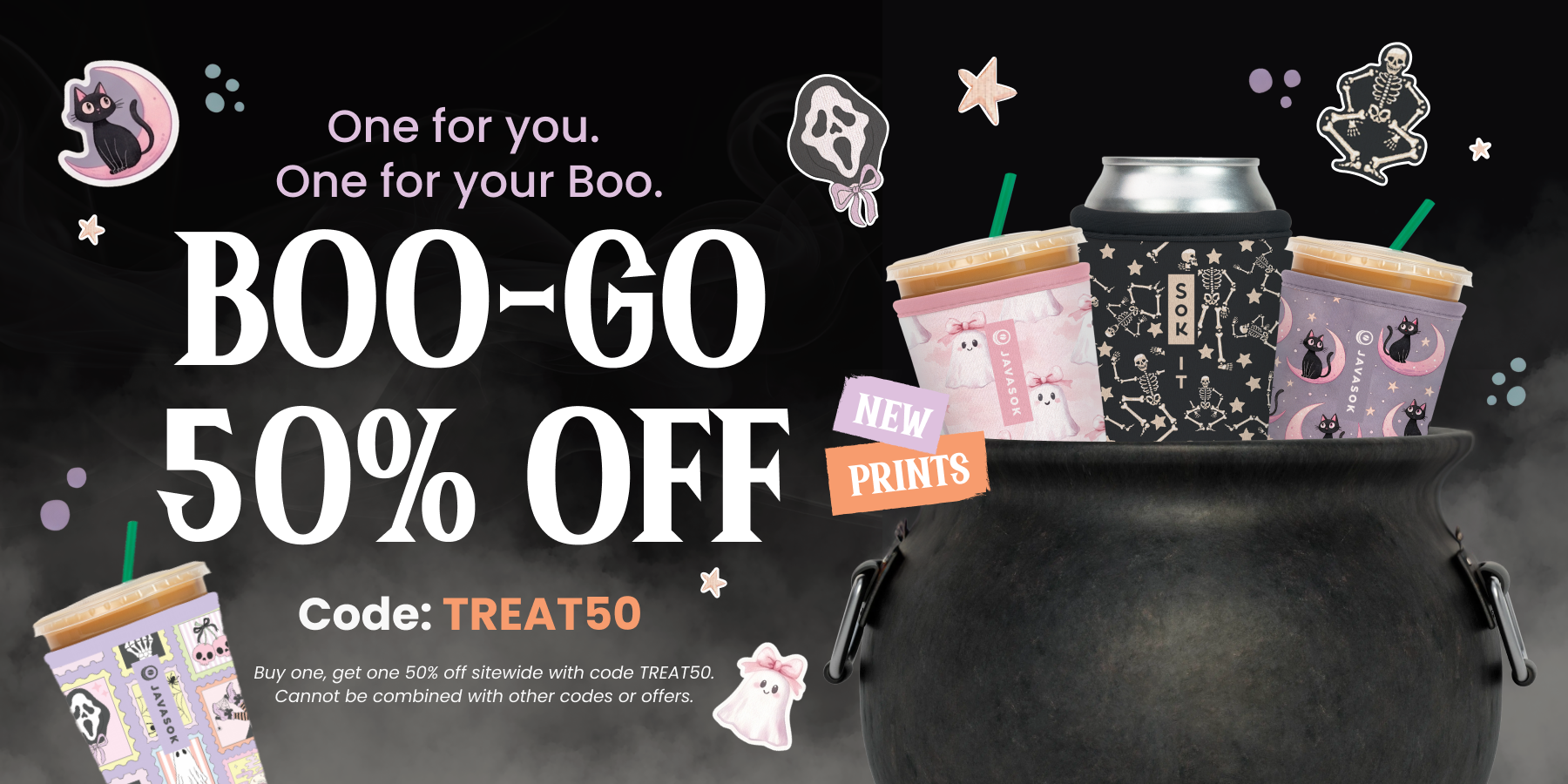 promotional banner for new halloween prints and BOGO50% off sale with code TREAT50