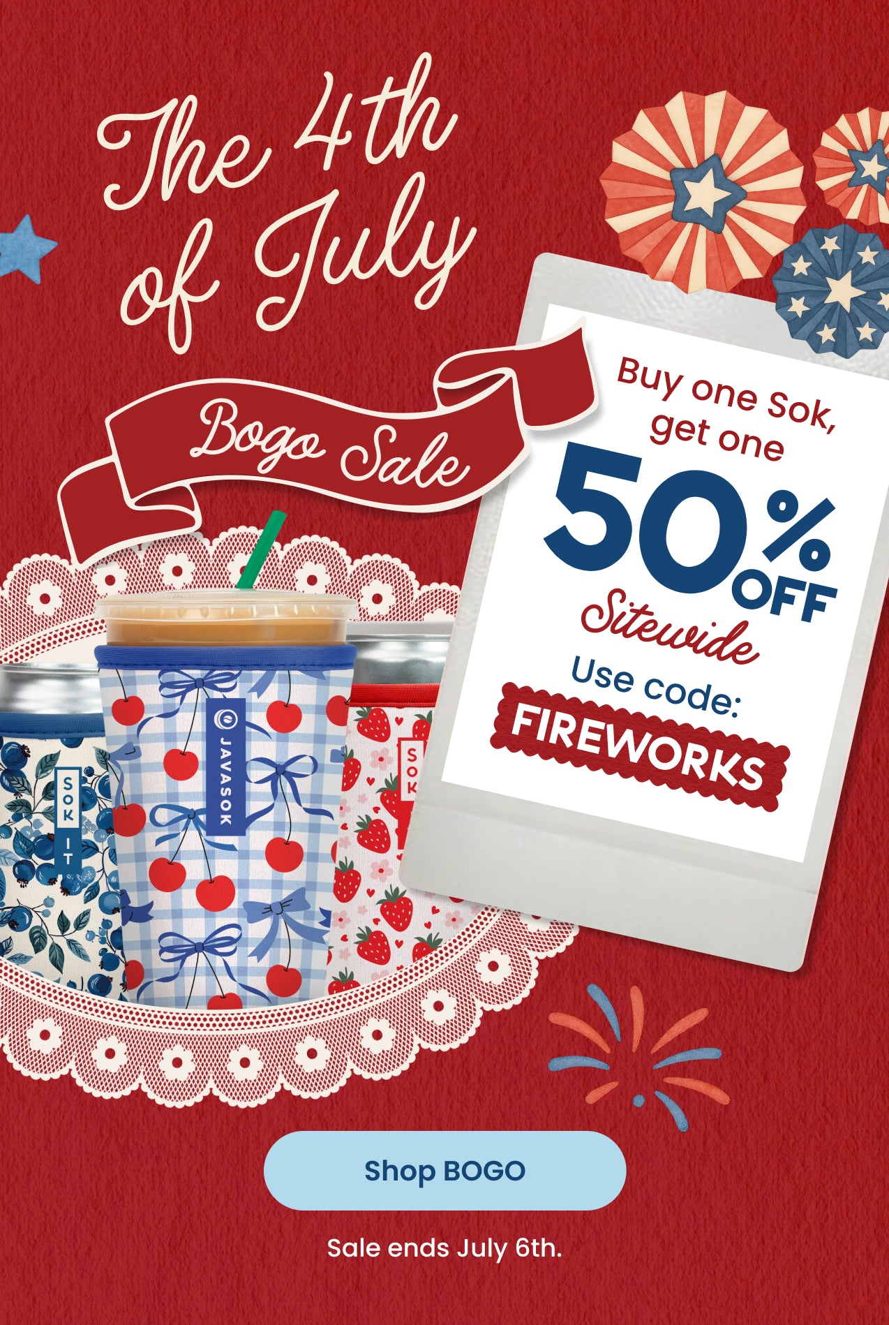 promo banner for 4th of july sale BOGO 50% off sitewide with code FIREWORKS