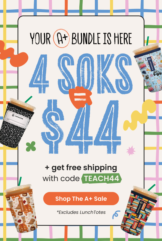 Promotional banner for a 4 Soks $44 sale, featuring four iced coffee cups with javasoks in various patterns and colors, with text reading 'YOUR A+ BUNDLE IS HERE 4 SOKS $44' and 'Shop The A+ Sale' on a colorful plaid background.