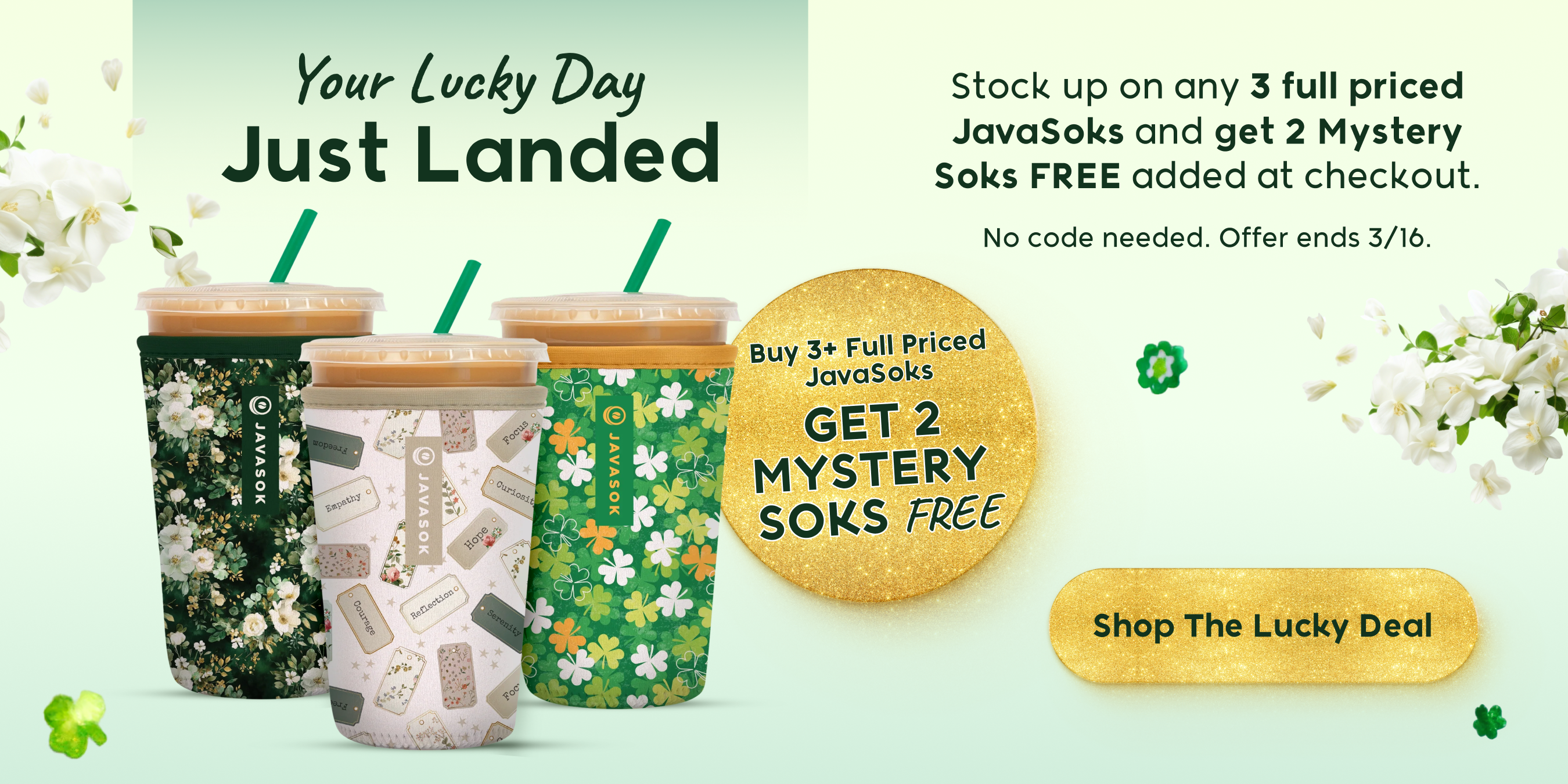 Promotional banner for JavaSoks with a green background and text offering 2 free mystery soks with a purchase of 3 full priced JavaSoks.