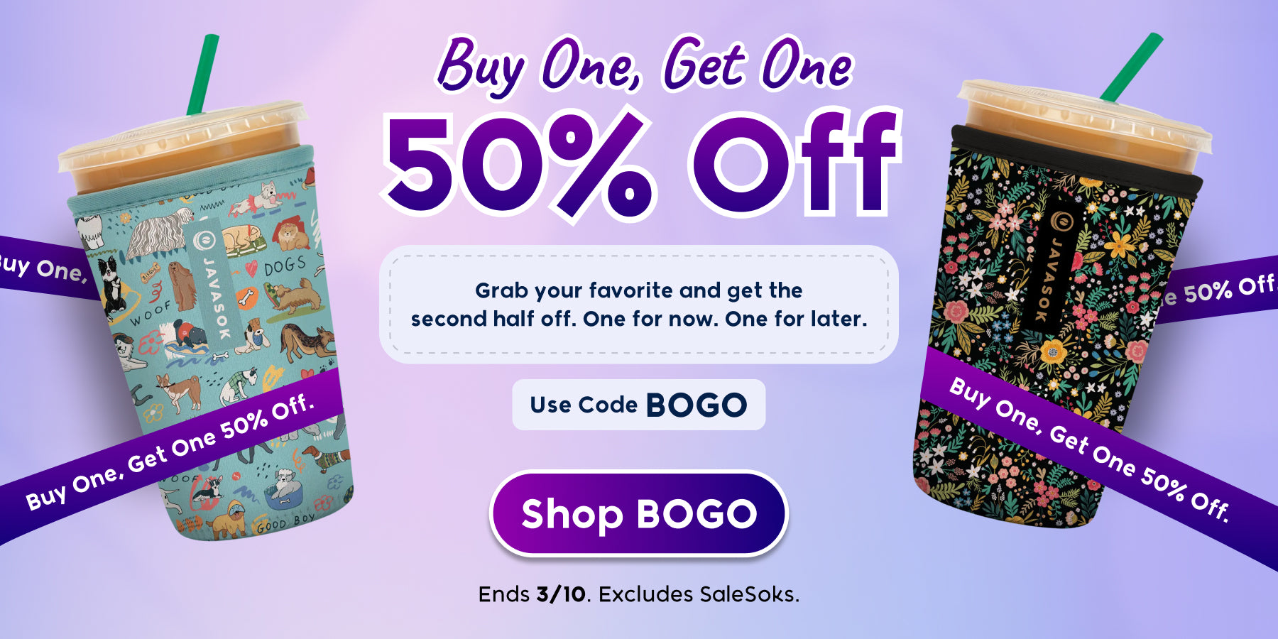 Promotional banner for a buy one, get one 50% off offer on coffee cups with colorful designs.