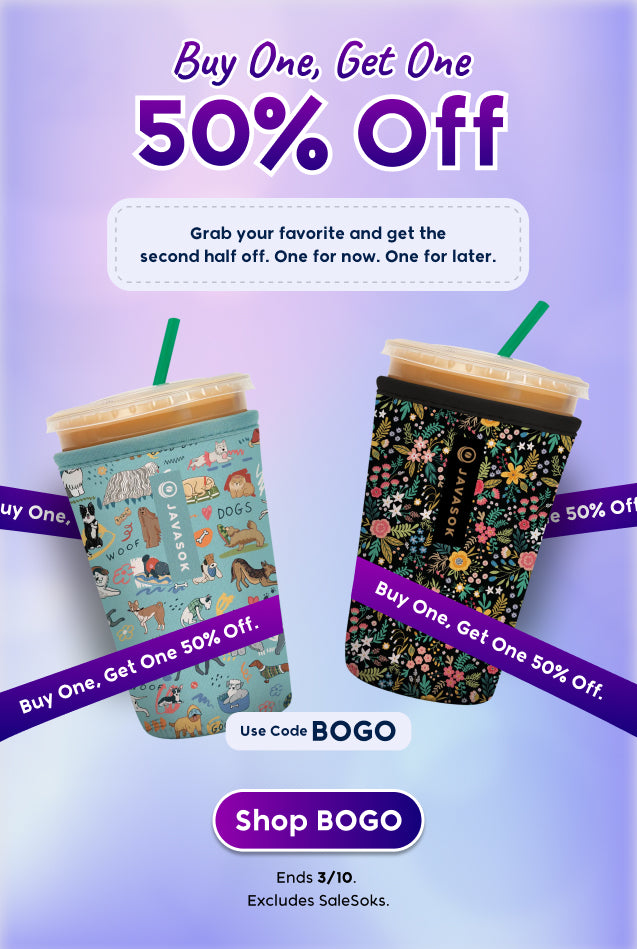 Promotional graphic for 'Buy One, Get One 50% Off' offer with two coffee cups on a purple background.