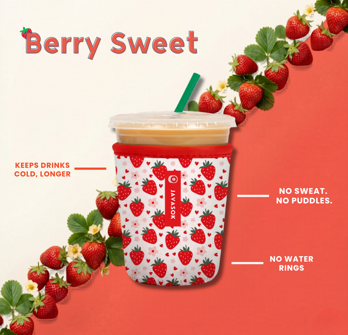 javasok with white background and red strawberry print alongside product benefits