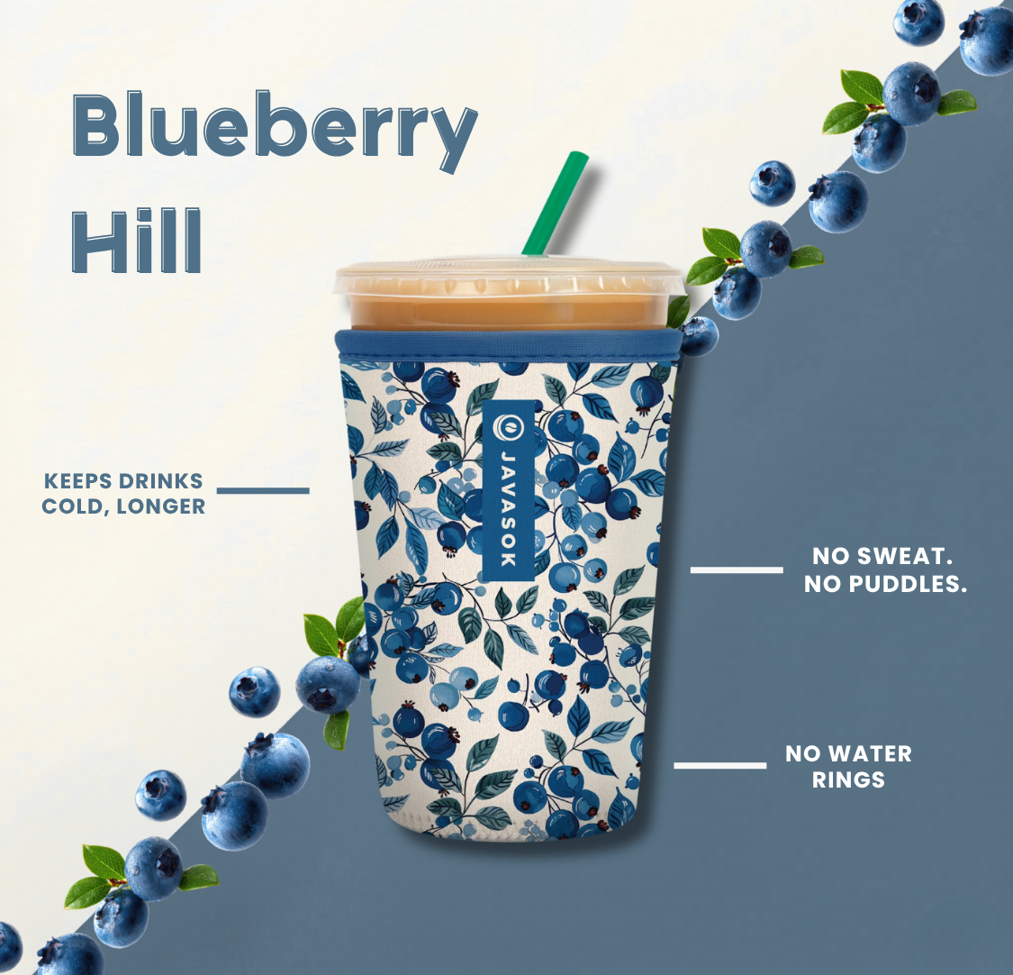 javasok with white background and blueberry floral print alongside product benefits