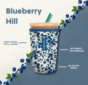 javasok with white background and blueberry floral print alongside product benefits