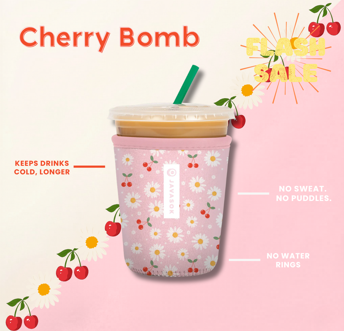 javasok with pink background and daisy and cherry print alongside product benefits