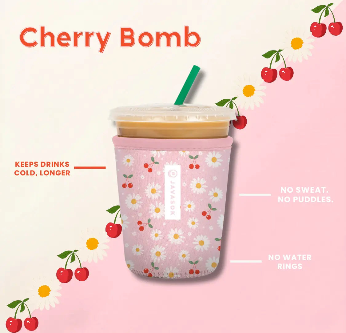 javasok with pink background and daisy and cherry print alongside product benefits
