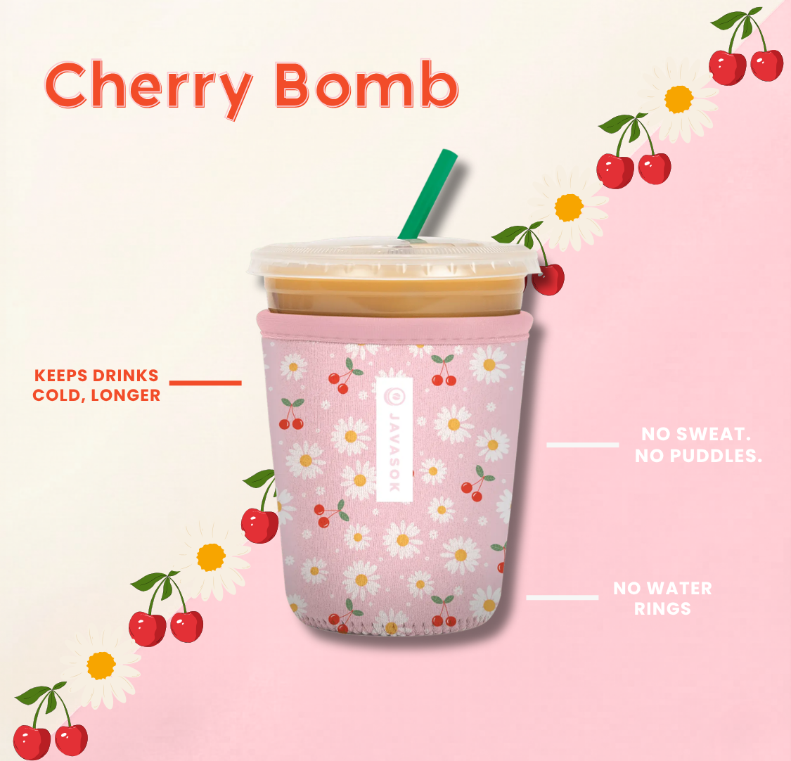 javasok with pink background and daisy and cherry print alongside product benefits