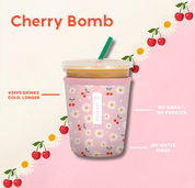 javasok with pink background and daisy and cherry print alongside product benefits