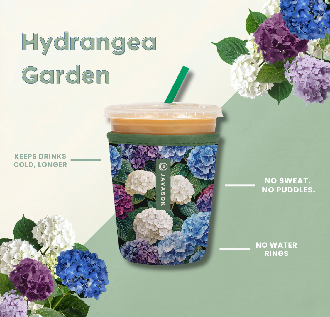 javasok with blue, pink and white hydrangea print alongside product benefits