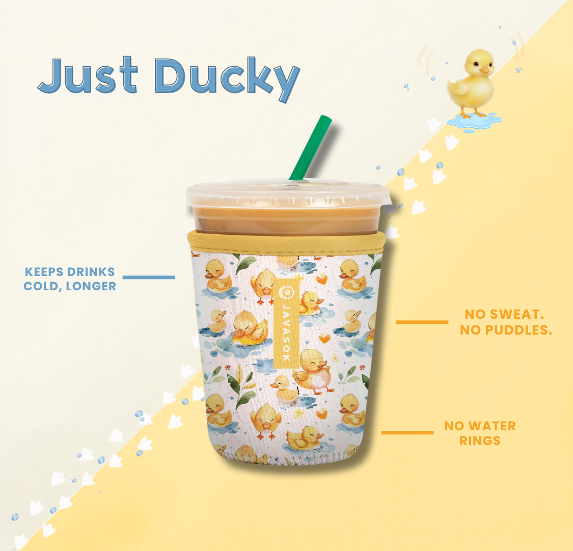 javasok with white background and yellow duck print alongside product benefits