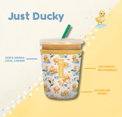 javasok with white background and yellow duck print alongside product benefits