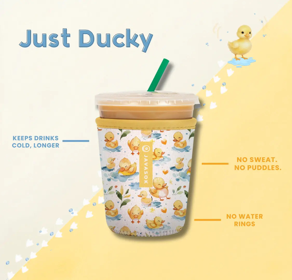 javasok with white background and yellow duck print alongside product benefits