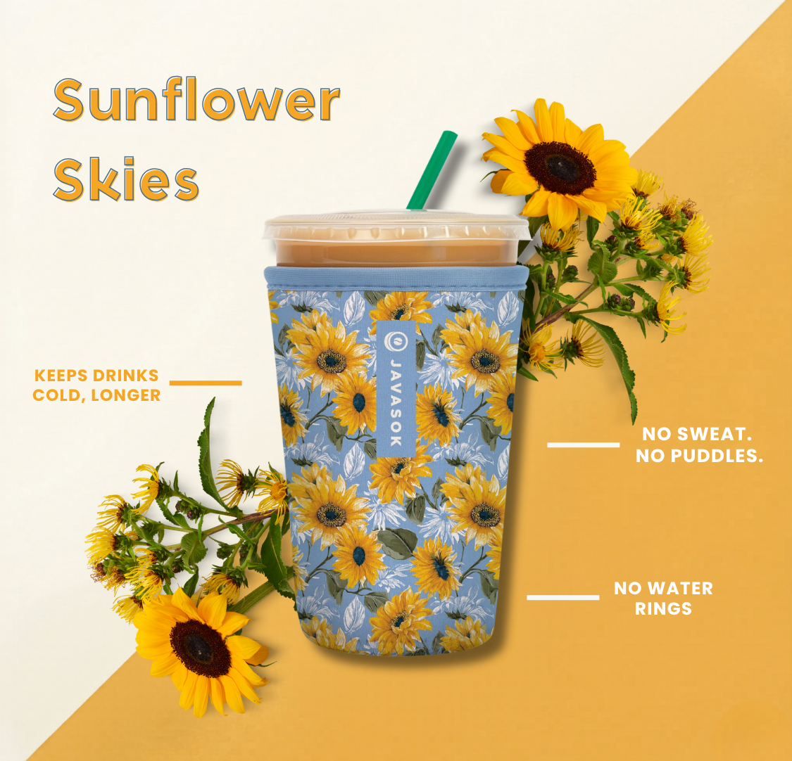 javasok with blue background and yellow sunflower print alongside product benefits