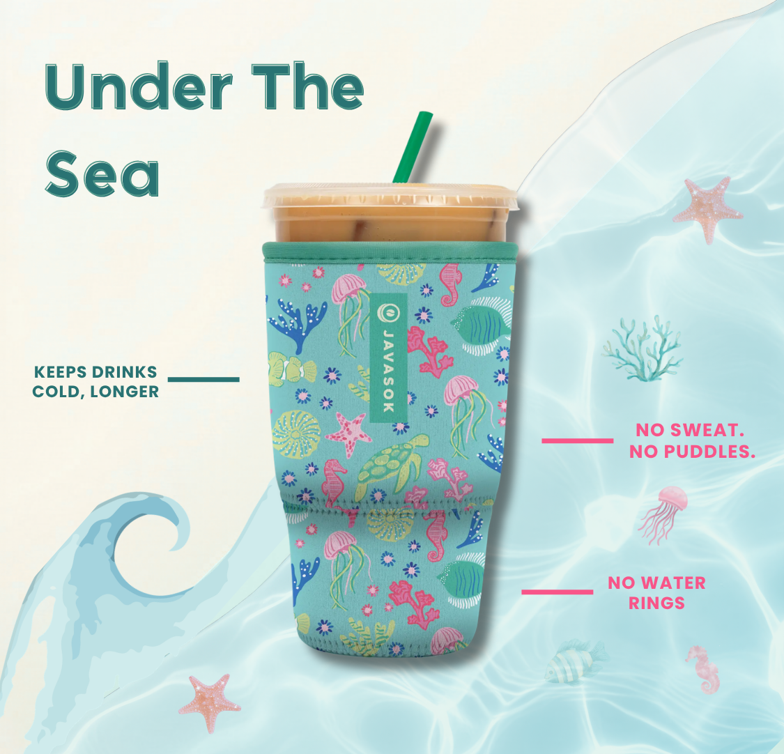 javasok with blue underwater print featuring jellyfish, coral, seahordes and other sea life alongside product benefits