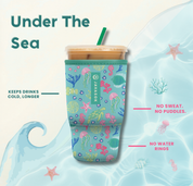 javasok with blue underwater print featuring jellyfish, coral, seahordes and other sea life alongside product benefits