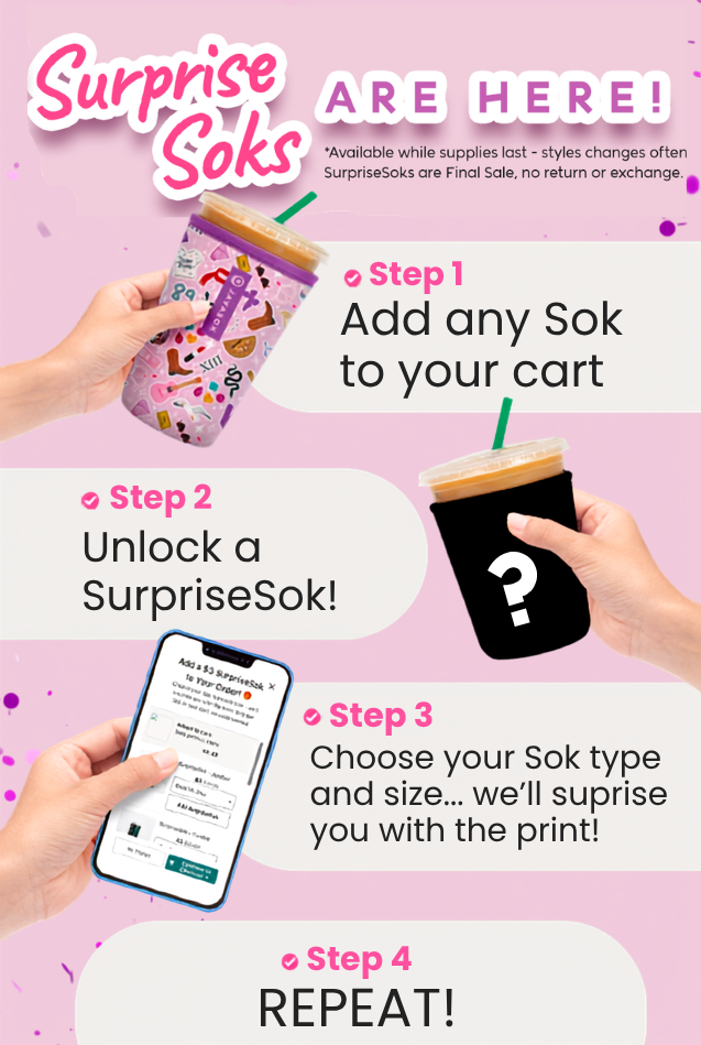 A promotional graphic for Surprise Socks, showing a pink background with text instructions and hand-held examples of a purple patterned cup and a black mystery cup with a question mark. A phone screen is also shown displaying an ordering page.