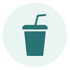 A simple teal icon of a takeaway drink cup with a straw on a pale mint background