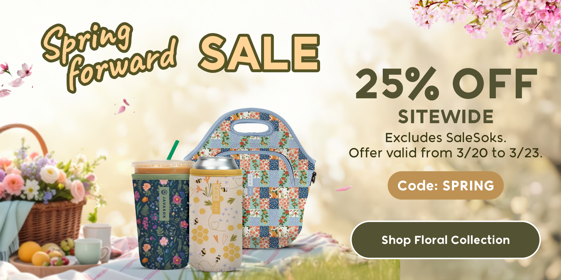 Promotional banner for a spring 25% off with code SPRING sale with picnic setup and floral elements.