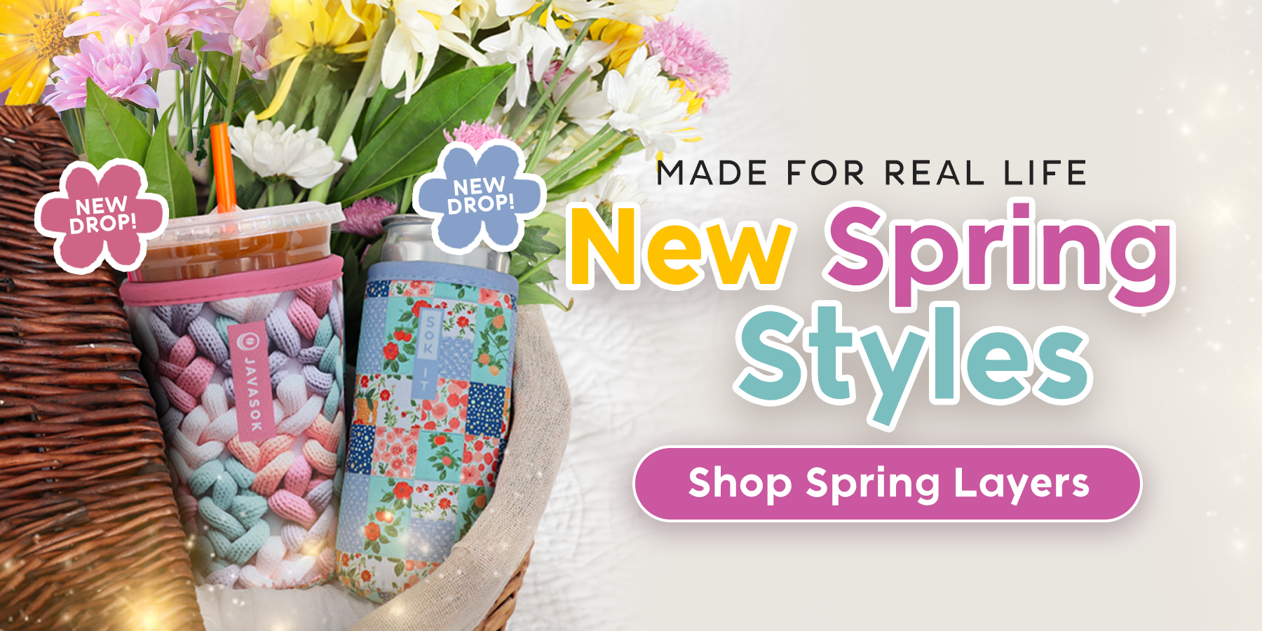 Promotional banner for new spring styles with floral designs on drink sleeves and text encouraging shopping.