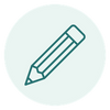A simple teal line drawing of a pencil centered inside a pale mint circle on a white background.