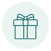 A teal gift box icon with a bow on a pale mint circular background.